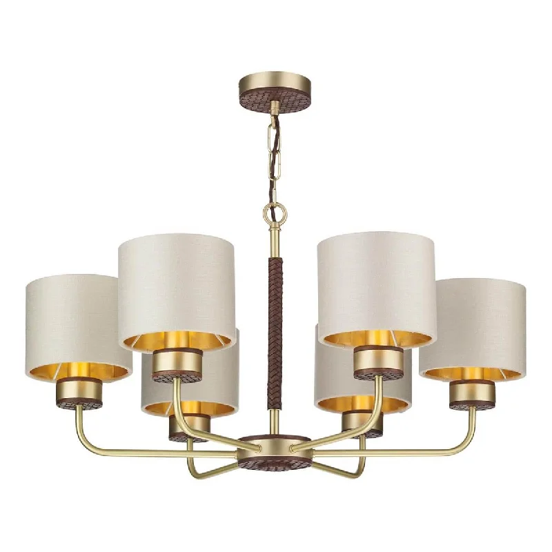 Track lighting for enhancing the architectureDavid Hunt Hunter 6 Light Multi-Arm Pendant Butter Brass With Leather Effect Complete With Limestone Linen Shades And Gold Lining