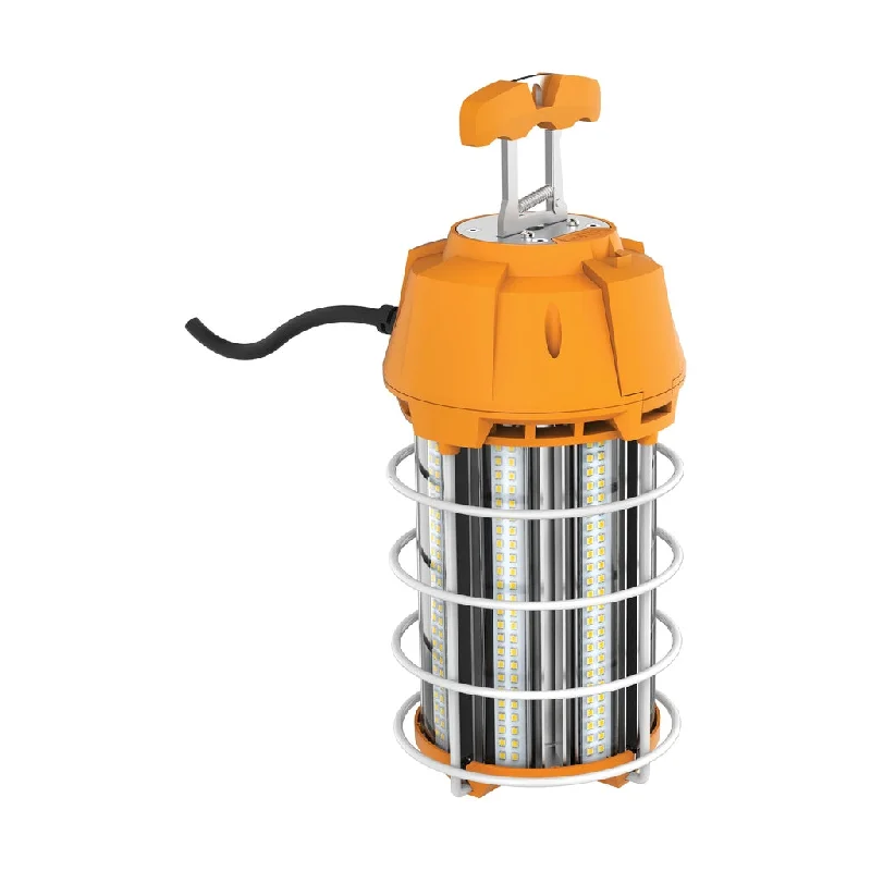 Industrial Exit Sign Lighting for Quick Evacuation150 Watt LED Hi-Lumen temporary Hi-Bay Caged lamp - 5000K - Integrated Cord / Plug & Hook - 120 Volt