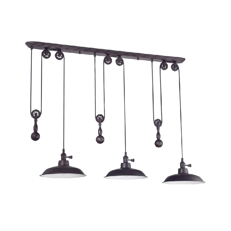 Industrial Flood Lighting for Outdoor Loading Docks3 Light Pulley Pendant in Aged Bronze