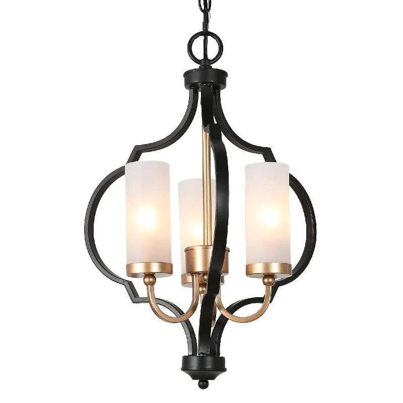 Chandeliers with Metal Frames in Black FinishChandeliers with Metal Frames in Black FinishModern 3-Light Black Gold Lantern Chandelier with Frosted Glass Shade