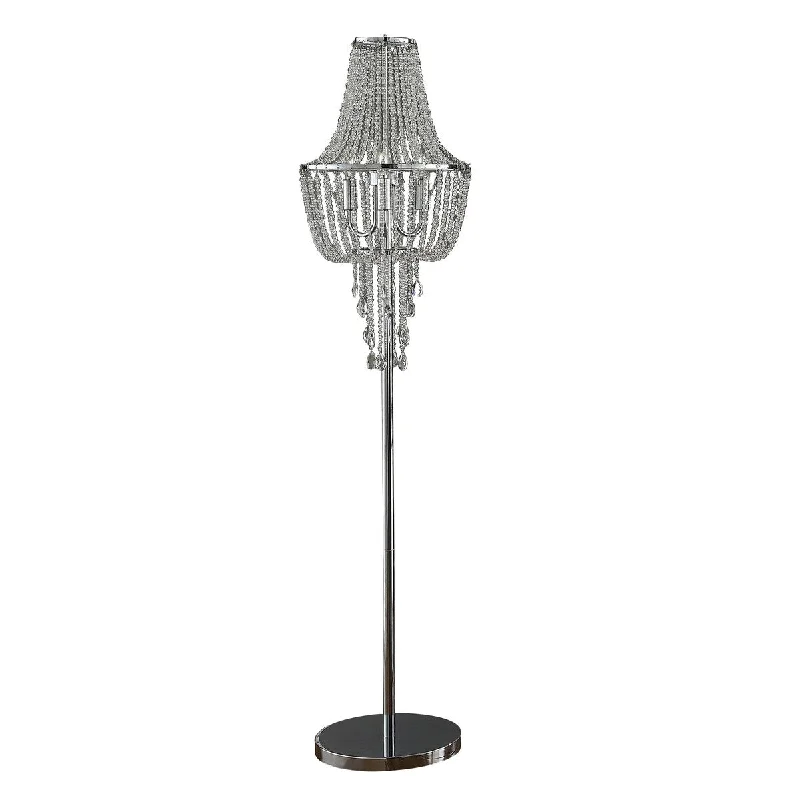 Glass Floor Lamp with Frosted Shades for Soft Diffused LightGlass Floor Lamp with Frosted Shades for Soft Diffused LightCara 62 Inch Floor Lamp, Hanging Drop Design, Crystal and Metal, Chrome