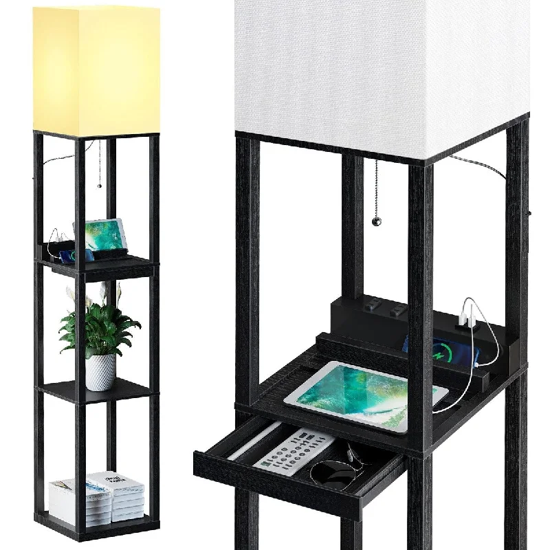 Fabric Floor Lamp with a Linen Shade for a Relaxed AestheticFabric Floor Lamp with a Linen Shade for a Relaxed AestheticFloor Lamp with Shelves,Modern Dimmable Solid Wood Standing Lamp Both