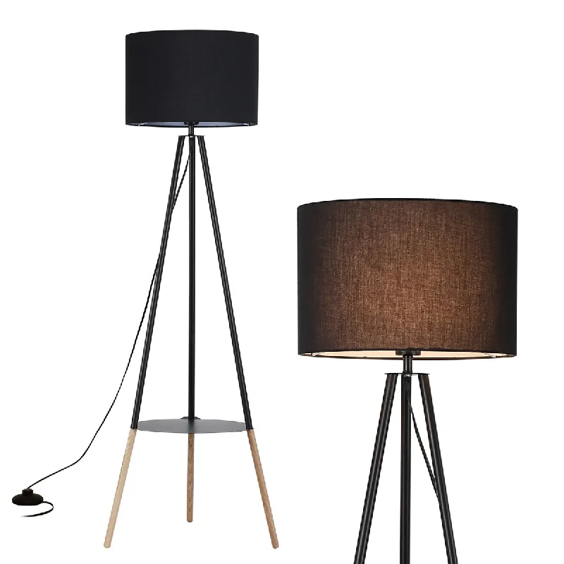 Smart Floor Lamp with Voice Control and Bluetooth ConnectivitySmart Floor Lamp with Voice Control and Bluetooth ConnectivityModern Industrial Standing Tripod Floor Lamp with Shelf and Black vintage Lampshade, Mid Century Table Bedroom Wooden Lighting