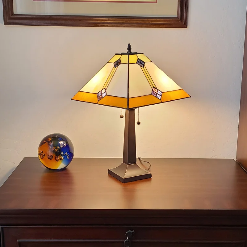 art deco table lamps with geometric shapes for a retro touchart deco table lamps with geometric shapes for a retro touch21" Amber Cream and Blue Stained Glass Two Light Mission Style Table Lamp By Homeroots