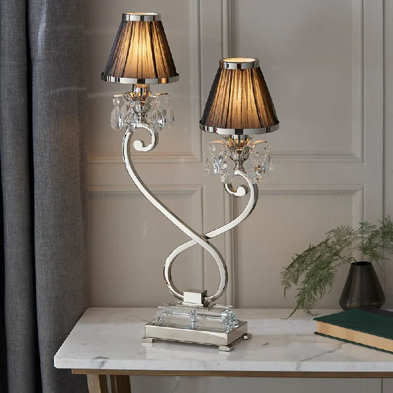 leather table lamps with a distressed texture for a rugged charmleather table lamps with a distressed texture for a rugged charmOksana Nickel Twin Table Lamp & Chocolate Shades